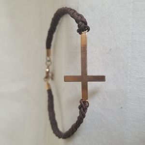 Vintage JCM Gold Cross Brown Braided Cord Bracelet